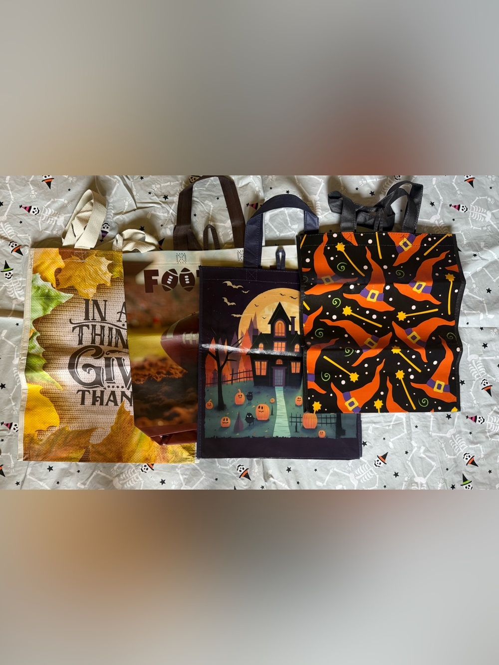 Halloween Fall Reusable Shopping Tote Bags Set Of 4 Witch Hat Haunted House